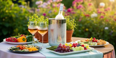 Coolery do wina na stole, obok kieliszki z winem i dania na talerzach